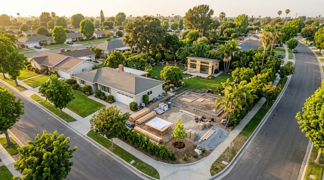 Aerial-style view of the large 14,040 sq ft lot at 12542 9th Street in Garden Grove, California